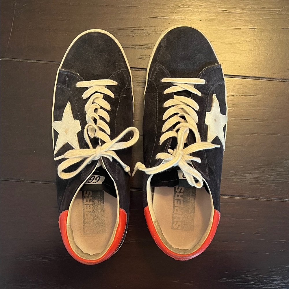 Golden Goose Navy and White Sneakers with Orange Accents